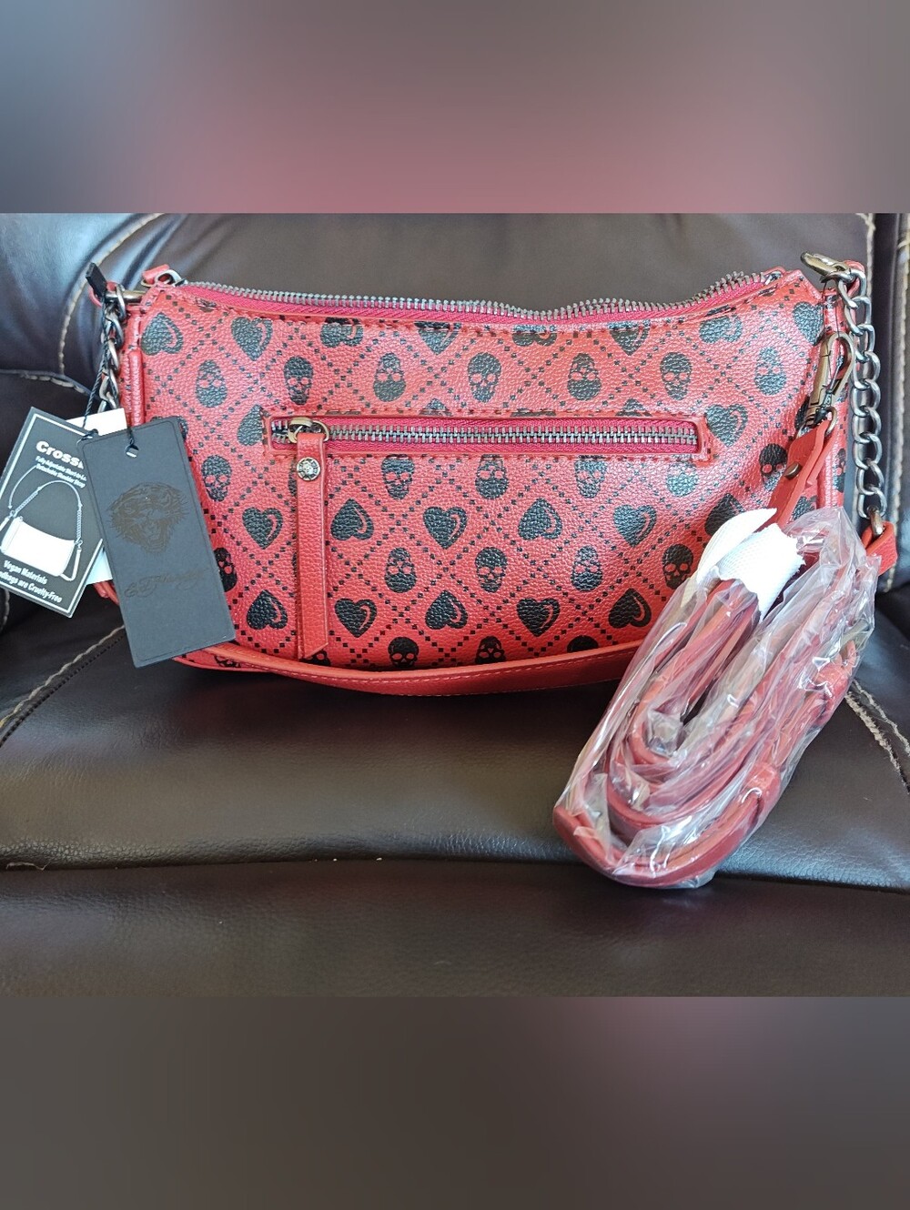 Ed Hardy Red Leopard & Heart Patch Shoulder/Crossbody Bag with Tiger Motif - Picture 2 of 9